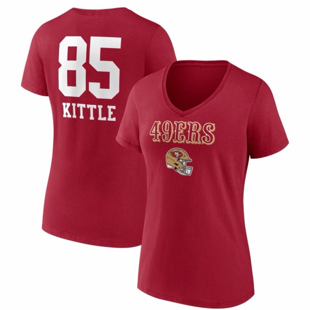NEW Women's George Kittle Scarlet San Francisco 49ers Team V-Neck Tee